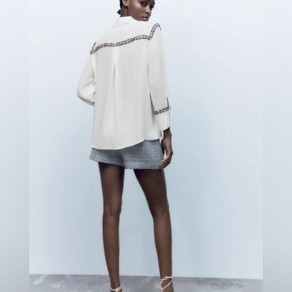 Zara Combination Textured Tweed Trim Chiffon Button Down Shirt in White size S - Picture 3 of 16